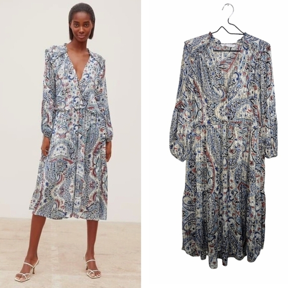 Zara Cream Blue Paisley Print Midis Dress Metallic Threads Pleated Long Sleeve M - Picture 1 of 11